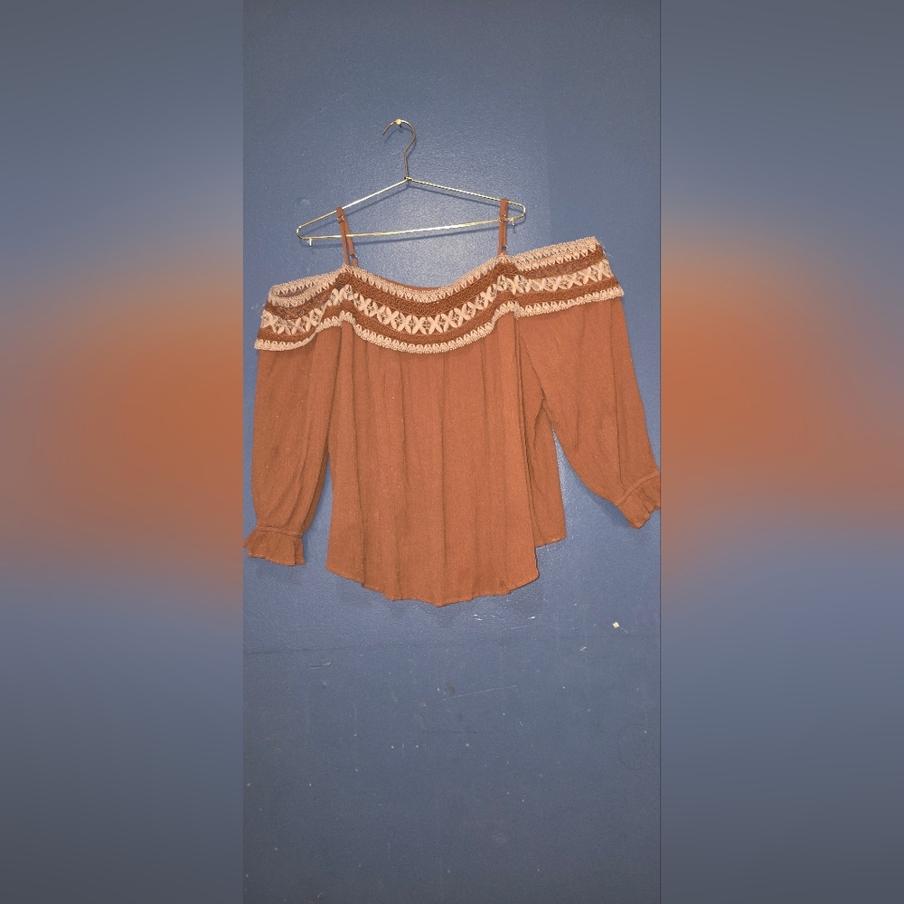 Maurices Tan Blouse with White Crochet Detail